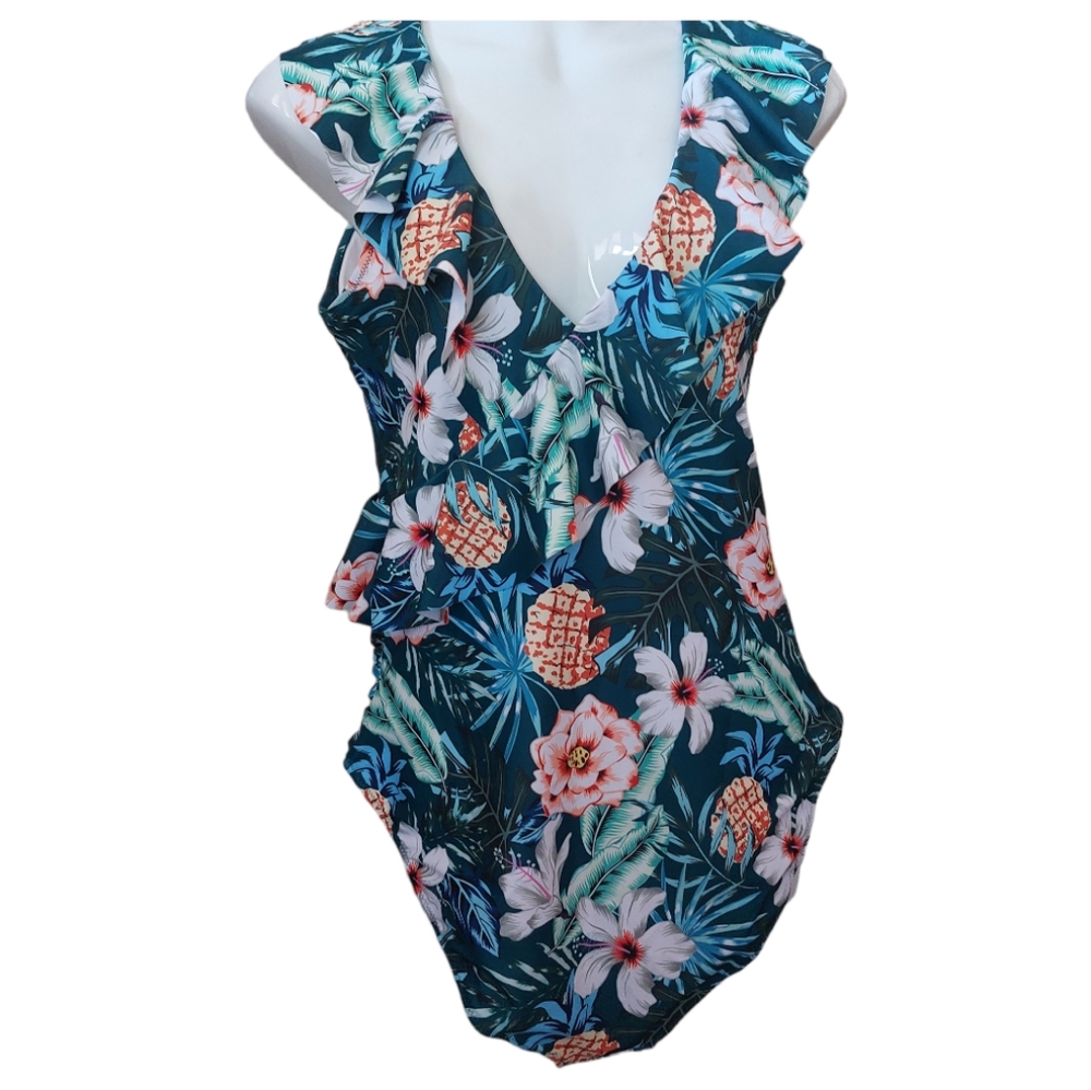 Blooming Jelly Ruffled Green Tropical V-neck, Deep V-neck Back Swimwear